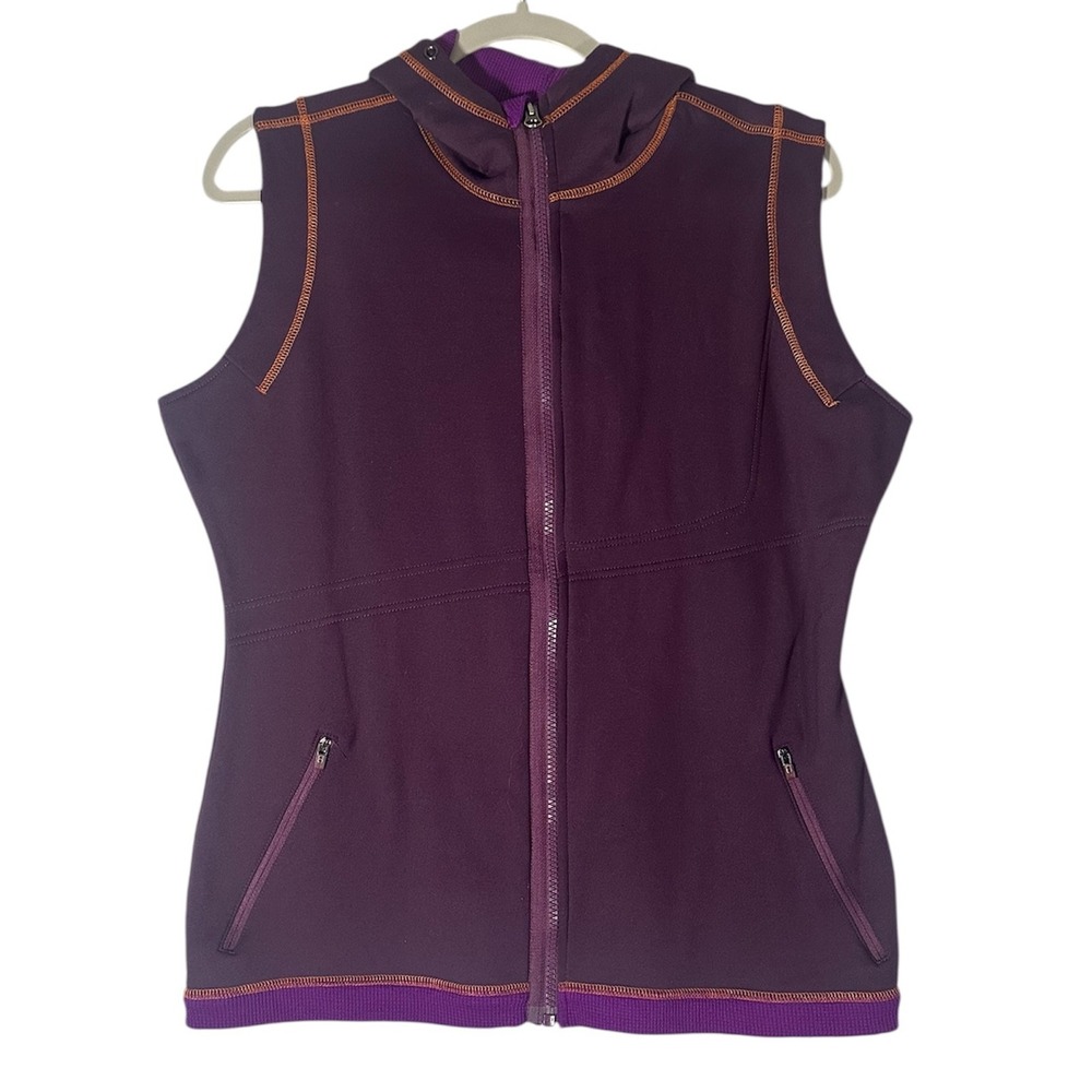 Title Nine Full Zip Sleeveless Hooded Vest Sz L Purple Contrast Trim Pockets
